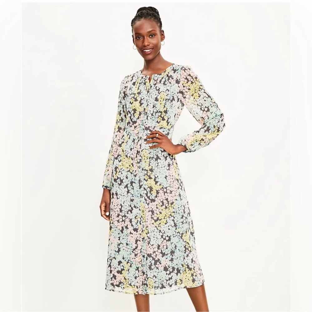 Loft Garden Midi Shirt Dress Floral Long Sleeve Midi Dress, Size 0, NWT